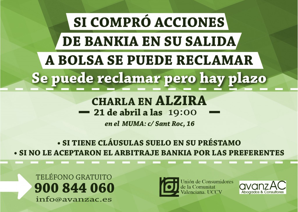 El 21 de Abril se celebrará en Alzira una Charla sobre las Acciones de Bankia